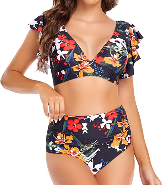 Photo 1 of Edelqual Bathing Suit for Women High Waisted Bikini Swimsuit Ruffle Two Piece Deep V Swimwear
