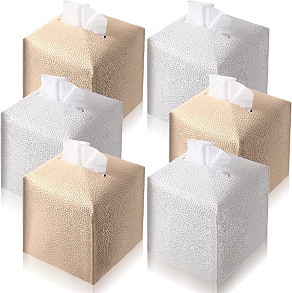 Photo 1 of 6 Pcs Tissue Box Cover PU Leather Square Tissue Box Holder Modern Facial Paper Organizer Dispenser Waterproof Decorative Tissue Case for Bathroom Office Car Nightstand, Beige and White, 5 x 5 x 5 Inch
