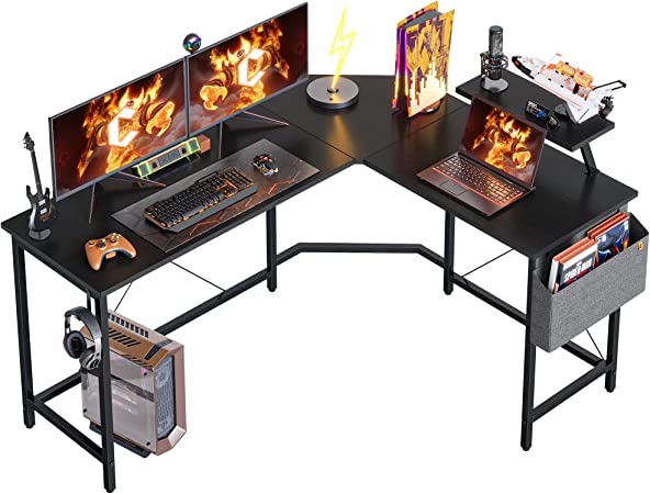 Photo 1 of Cubiker Modern L-Shaped Computer Office Desk, Corner Gaming Desk with Monitor Stand, Home Office Study Writing Table Workstation for Small Spaces, Black
