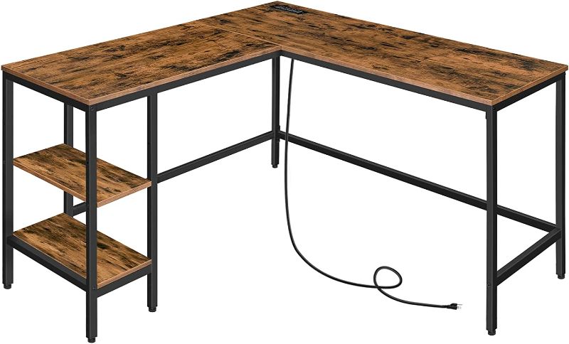 Photo 1 of HOOBRO L Shaped Computer Desk with Charging Station, Industrial Corner Writing Desk with Adjustable Shelves, Study Workstation for Home Office, Stable and Space-Saving Rustic Brown and Black BF35UDN01
