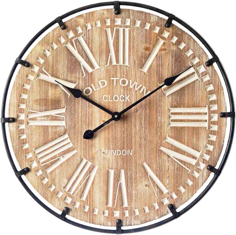 Photo 1 of 24 Inch Oversized Famhouse Wall Clock, Rustic Antique Wood with Metal Circle and Large Engraved Numerals, Silent Battery Operated for Office Kitchen Bedroom Living Room, Nature
