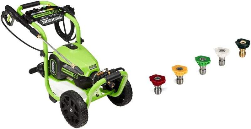 Photo 1 of Greenworks 3000 PSI (1.1 GPM) TruBrushless Electric Pressure Washer (PWMA Certified) & 3300 PSI Universal Pressure Washer Spray Tip Attachments (5 Pack) 5202402
