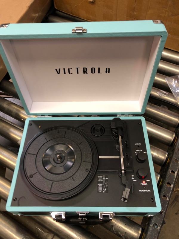 Photo 3 of Victrola Vintage 3-Speed Bluetooth Portable Suitcase Record Player with Built-in Speakers | Upgraded Turntable Audio Sound| Includes Extra Stylus | Turquoise, Model Number: VSC-550BT
