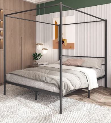 Photo 1 of Canopy Bed Frame Queen Size Black Metal 4 Poster Modern Post Corner With Headboard, Black
