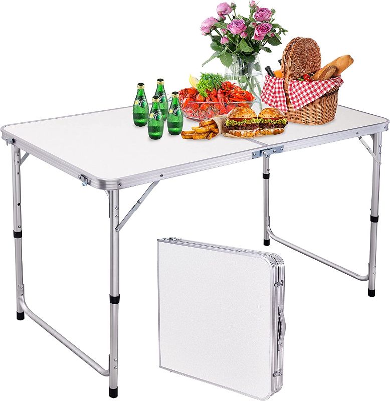 Photo 1 of AOSION-Folding Table,48"x24" 4FT Folding Picnic Table,Aluminum Portable Camping Table with Handle,Adjustable Height Plastic Table for Picnic,Party,BBQ,White---------scratch on the frontside of the table due to usage 
