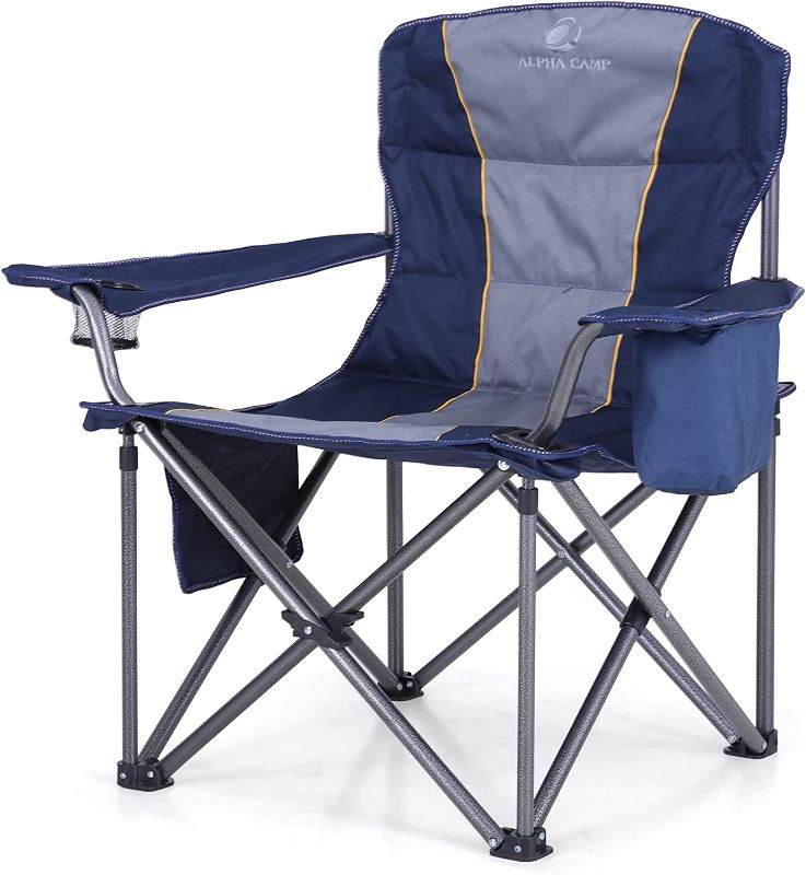 Photo 1 of ALPHA CAMP Oversized Camping Folding Chair Heavy Duty Lawn Chair with Cooler Bag Support 450 LBS Steel Frame Collapsible Padded Arm Chair Quad Lumbar Back Chair Portable for Outdoor,Blue
