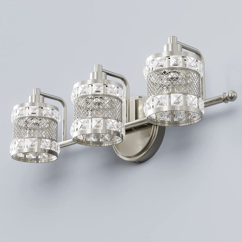 Photo 1 of 3-Light Bathroom Vanity Light, Brushed Nickel Vanity Light with Cylinder Crystal Shade, Modern Wall Mount Light Fixture for Mirror Bedroom Kitchen Hallway Stairs
