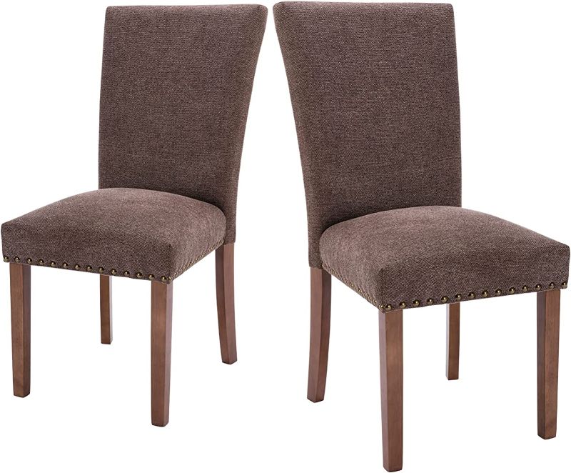 Photo 1 of COLAMY Upholstered Parsons Dining Chairs Set of 2, Fabric Dining Room Kitchen Side Chair with Nailhead Trim and Wood Legs - Brown
