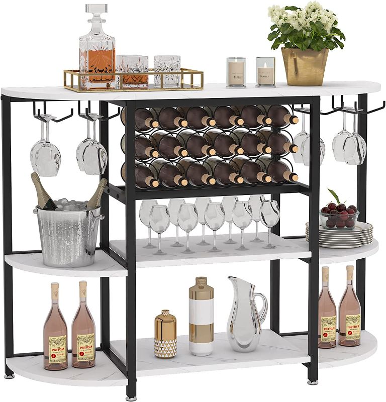 Photo 1 of Tribesigns Wine Rack Table, 47 Inch Modern Wine Bar Cabinet with Storage, Freestanding Floor Bar Cabinet for Liquor and Glasses for Home Kitchen Dining Room, White
