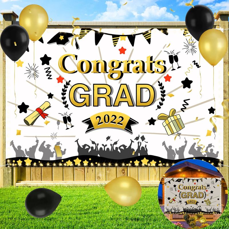 Photo 1 of 2022 Graduation Decorations - Graduation Banner with 60 LEDs String Lights & 12 Balloons, 73''x 46'' Large Fabric Congrats Grad Banner for Class of 2022 Graduation Party Backdrop Indoor Outdoor
