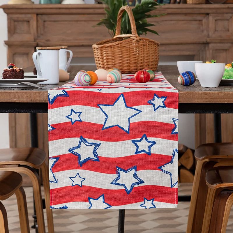 Photo 1 of 4th of July Table Runner, 13 x 72 Inch Patriotic Table Runner Memorial Day Decorations for Home USA Strips and Stars Independence Day Dinning Table Decor for Home Party, 3 Count 
