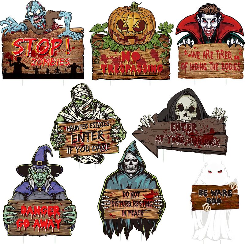 Photo 1 of 8 PCS Halloween Decorations Yard Sign Stakes Outdoor Props Decor Scary Yard Sign Stakes, Halloween Warning Creepy Garden Outdoor Sign, Zombie Skull Vampire Ghost Witch for Halloween Party Favor Decor
