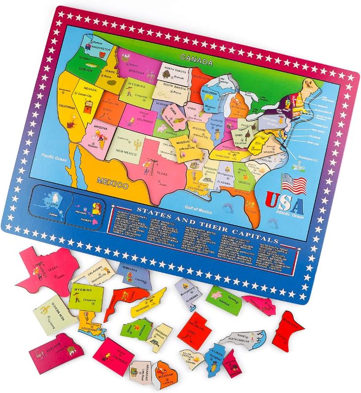 Photo 1 of Garlictoys 46 Pieces USA Map-The Learn Puzzle Wooden Geography Puzzle Educational Geography Puzzles Toys & Gifts for Boys & Girls Ages 2 and Up
