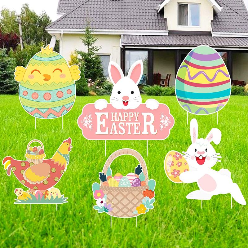 Photo 1 of 6 PCS Easter Yard Decorations Easter Yard Signs Outdoor Lawn Decorations Easter Bunny Yard Sign with Stakes
