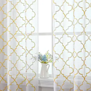 Photo 1 of Yellow Moroccan Embroidered Sheer Curtains Grommet top for Patio Sliding Doors Bathroom and Girls Bedroom 84 Inches Length Window Treament 2 Panels
