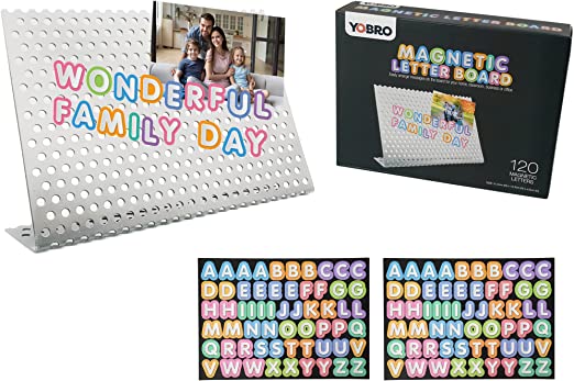 Photo 1 of YOBRO Magnetic Bulletin Board with Stand, Message Board with 120 Letter Magnets, Small Magnetic Board for Office Home Decor, Desktop Magnet Memo Board for Photos, Message, Memo, Sticky Note
