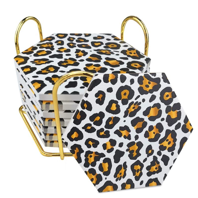 Photo 1 of 8 pcs drink coaster with metal holder stand leopard print design ceramic coaster set cork base for tabletop protection home decor bar coaster (leopard 1) hexagon