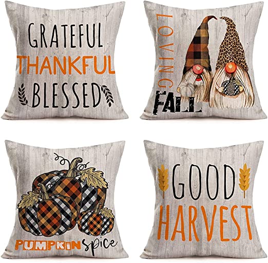 Photo 1 of Asminifor 4Pcs Grateful Thankful Blessed Autumn Harvest Fall Gnome Pumpkin Throw Pillow Cushion Case Vintage Wood Quote Words Thanksgiving Day Home Sofa Pillow Cover Pillowcase (CB-Blessed, 18"X18")
