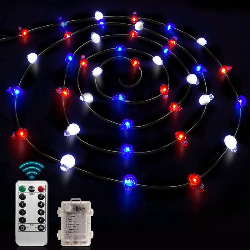Photo 1 of AY 13.1Ft LED Red White Blue Bulb Shape String Lights 40 LEDs Indoor Decor with 8 Modes Battery Operated (Remote & Timer)
