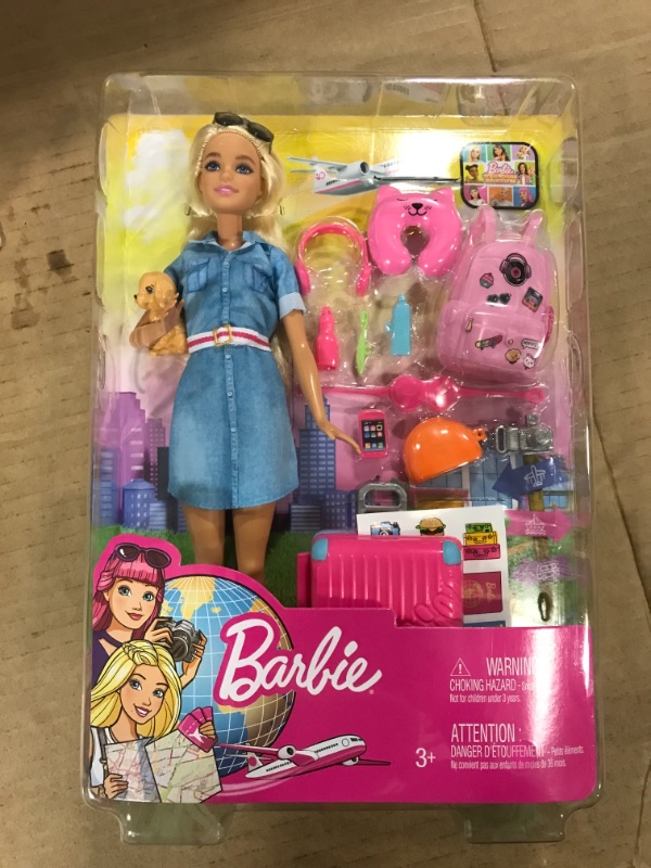 Photo 2 of Barbie Travel Doll, Blonde, with Puppy, Opening Suitcase, Stickers and 10+ Accessories, for 3 to 7 Year Olds