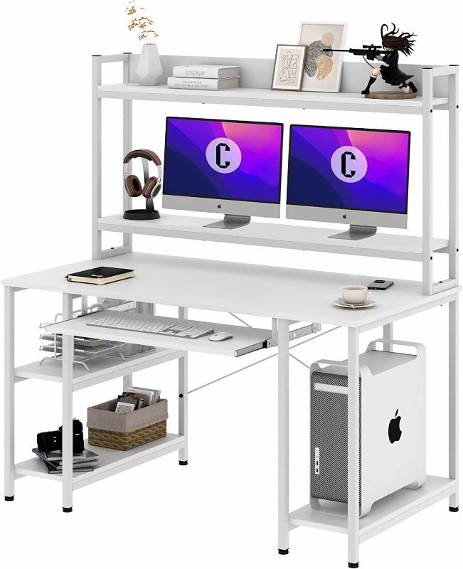 View 1 of White Computer Desk with Keyboard Tray, 47 INCH Desk with Hutch Modern Home Office Desk with Storage Shelves Work Computer Table Gaming Desk with Monitor Stand CPU Stand, Easy to Assemble
