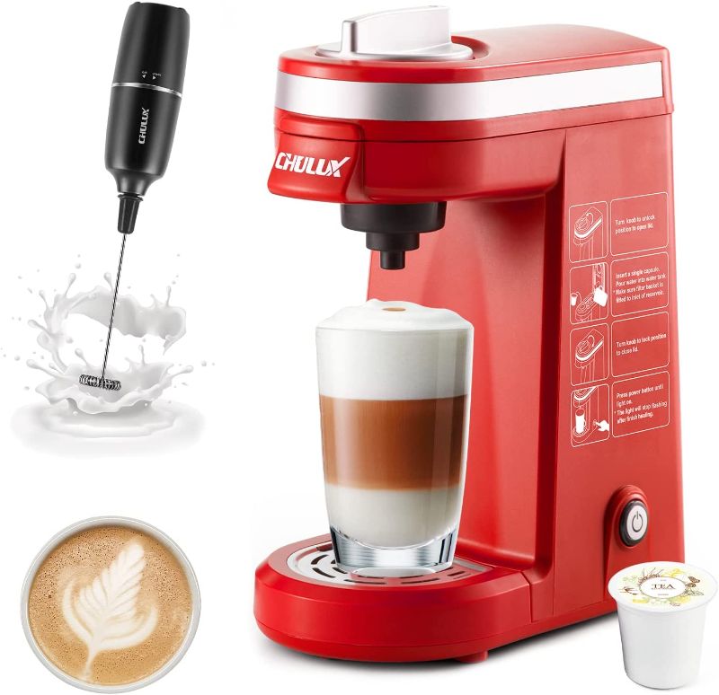 Photo 1 of CHULUX Single Cup Coffee Maker with Milk Frother,3 Mins Quick Brew Single Cup Pod Coffee Brewer with 12 Ounce Built-in Water Tank for Travel Hotel Office ,Red
