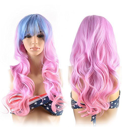 Photo 1 of Image Long Full Curly Wavy Multi-Color Lolita Halloween Wigs for Women Cosplay Costume Party with Wig Cap Comb and Rubber Band -- Light Blue/ Pink
