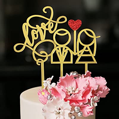 Photo 1 of 2x Wedding Cake Toppers, Restards Acrylic Gold Glitter Bridal Shower Engagement Anniversary Party Decoration Love for Floral Wedding Valentines Day
