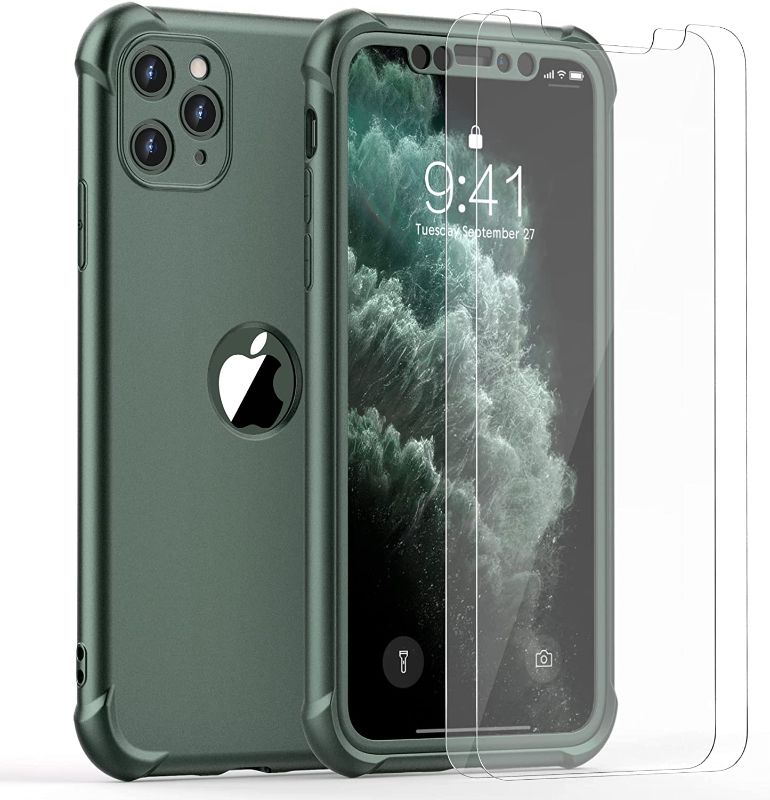 Photo 1 of 2x ORETECH Designed for iPhone 11 Pro Case, with[2 x Tempered Glass Screen Protector] 360 Full Body Shockproof Protection Cover Ultra Thin Hard PC Soft Silicone Case for iPhone 11 Pro 5.8'' -Dark Green
