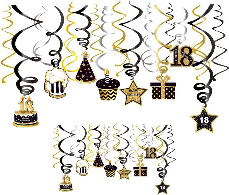 Photo 1 of 18th Birthday Party Hanging Swirls Silver Black Golden 18th Birthday Cake Glasses Crown Balloons Sign Foil Swirls Ceiling Decorations for 18 Year Old Party Decor Supplies
