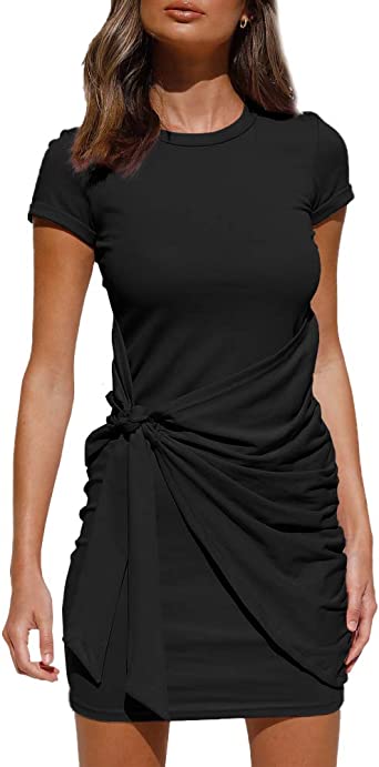 Photo 1 of LILLUSORY Women's Summer T Shirt Dress Casual Short Sleeve Wrap Bodycon Ruched Tie Waist Mini Dresses
Size: M