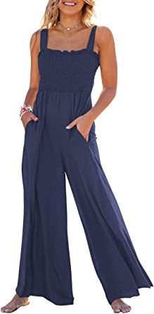 Photo 1 of Caracilia Womens Casual Loose Sleeveless Tank Jumpsuits Square Collar Smocked Wide Leg Jumpsuit Rompers with Pockets
Size: M
