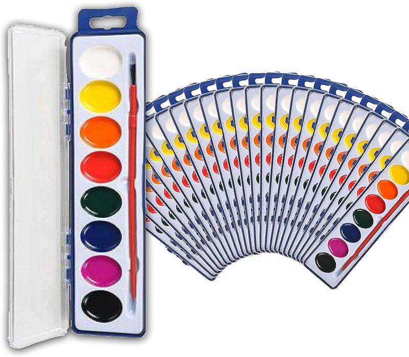 Photo 1 of 24 Watercolor Paint Set For Kids and Adults - Bulk Pack of 24 Watercolor sets - Watercolor Paints In 8 Colors - Perfect for Preschool Classroom, Children's Art School , Party Favors - Paintbrushes Included