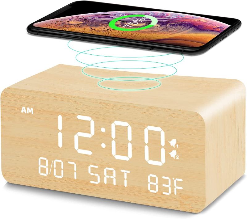 Photo 1 of Andoolex Wooden Digital Alarm Clock with Wireless Charging, 0-100% Adjustable Brightness Dimmer and Alarm Volume, Weekday /Weekend Mode, Dual Alarm, Snooze, 12/24H, Wood LED Clock for Bedroom (Bamboo)
