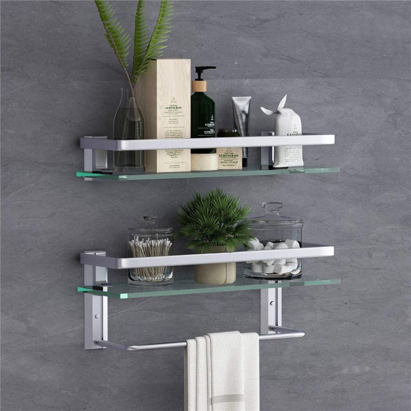 Photo 1 of 15.7in Glass Bathroom Shelf with Towel Bar-VOLPONE Glass Floating Shelves with Towel Rack Holder Wall Mounted Glass Shower Shelf (2 Tier,Sliver)
