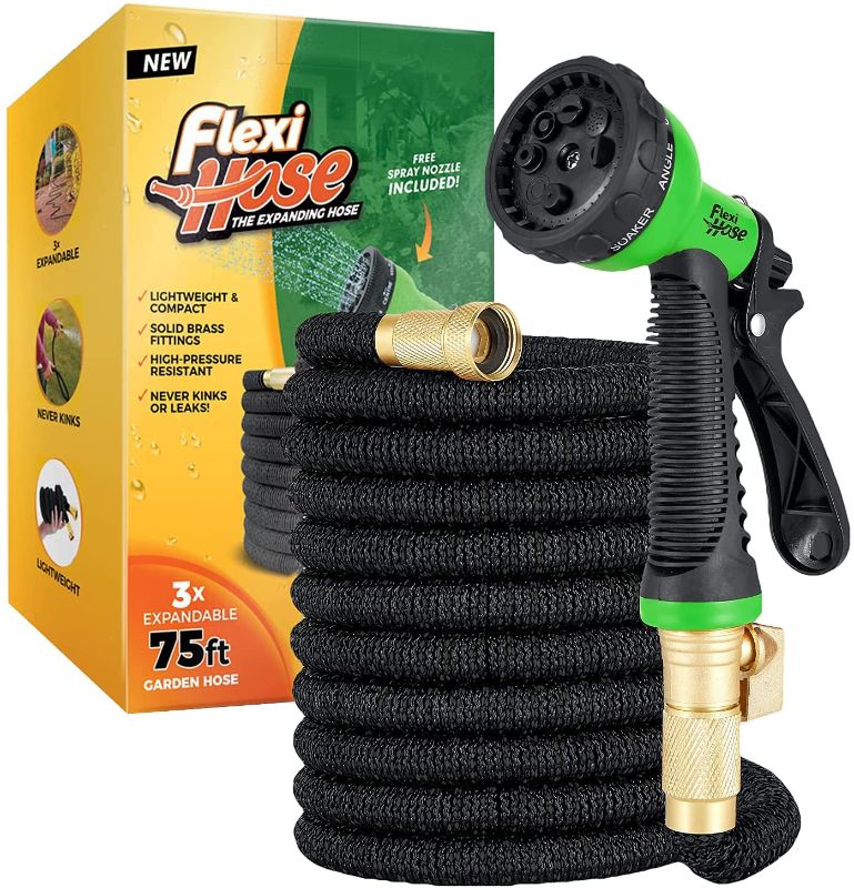 View 1 of Flexi Hose with 8 Function Nozzle Expandable Garden Hose, Lightweight & No-Kink Flexible Garden Hose, 3/4 inch Solid Brass Fittings and Double Latex Core, 75 ft Black