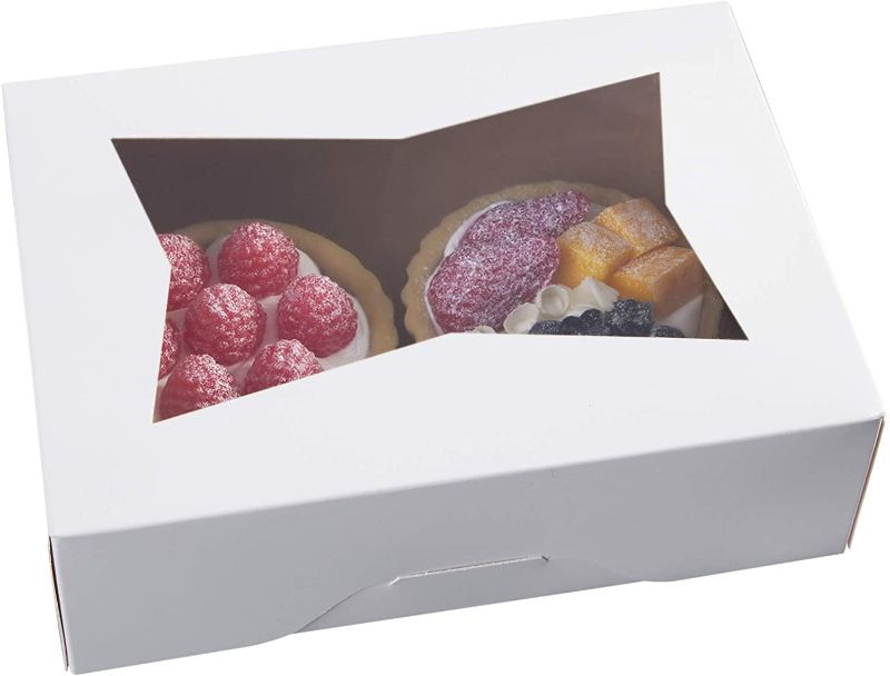 Photo 1 of 8inch White Cookie Boxes with Window,Auto-Popup Rectangular Bakery Box for Muffins and Pastry,Chocolate Covered Strawberry Cardboard Clear Lid Treat Packaging 8x5.75x2.5,Pack of 15
