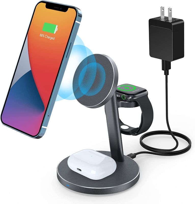 Photo 1 of 3-in-1 Magnetic Wireless Charger Stand, Aluminum Alloy Mag-Safe Charging Station for iPhone 13/12, 13/12 Pro, 13/12 Pro Max, 13/12 Mini, AirPods 2/Pro/3, iWatch 7/6/ SE/5/4/ 3/2 (with QC 3.0 Adapter)