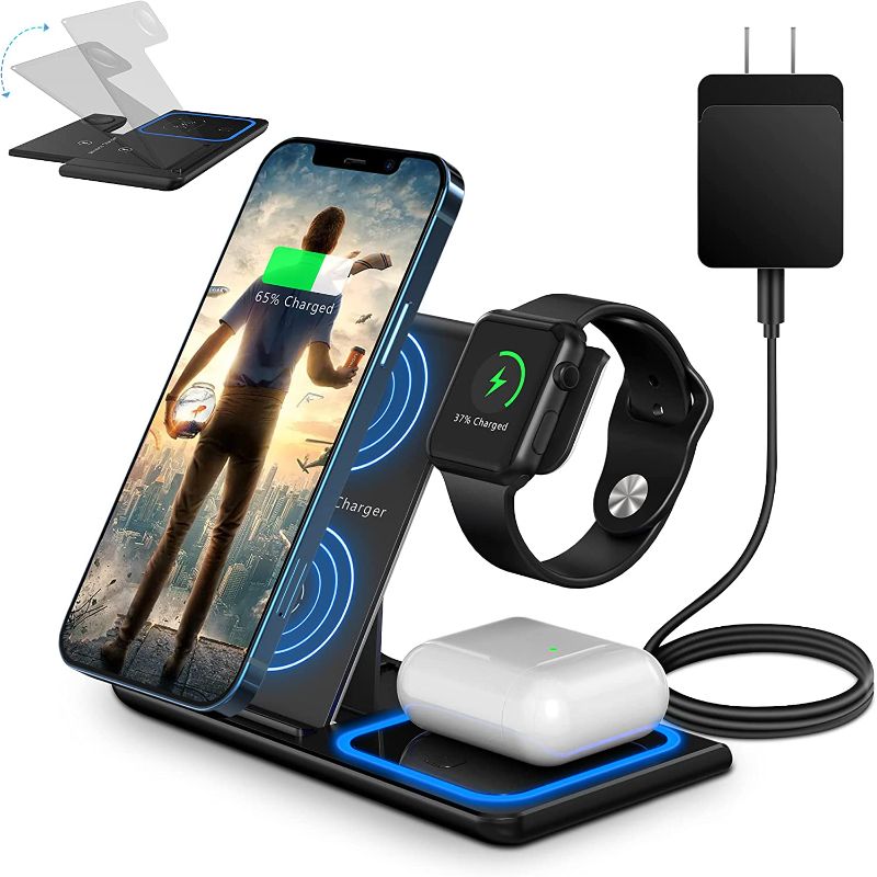 Photo 1 of TIANLI Wireless Charger, Foldable 3 in 1 Wireless Charging Station for Apple Watch 6/5/4/3/2, Airpods 2/Pro Qi 15W Fast Wireless Charger Stand for iPhone 13/12/11/Pro/Max/XR/X/8 (with QC 3.0 Adapter)