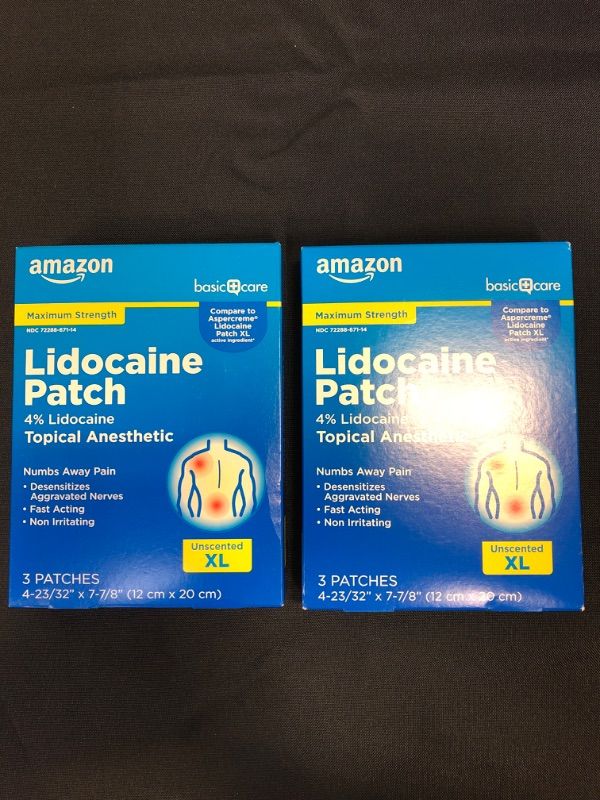 Photo 2 of  Basic Care Lidocaine Patch, 4% Topical Anesthetic, 4.7" x 8", Maximum Strength Pain Relief Patch, Fragrance Free, 3 Count (2 PACKS)