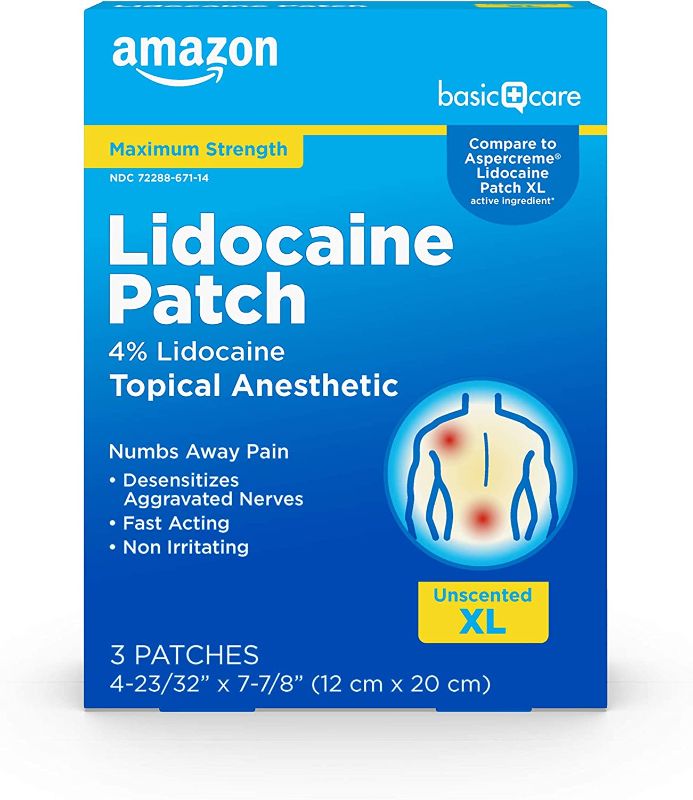 Photo 1 of  Basic Care Lidocaine Patch, 4% Topical Anesthetic, 4.7" x 8", Maximum Strength Pain Relief Patch, Fragrance Free, 3 Count (2 PACKS)