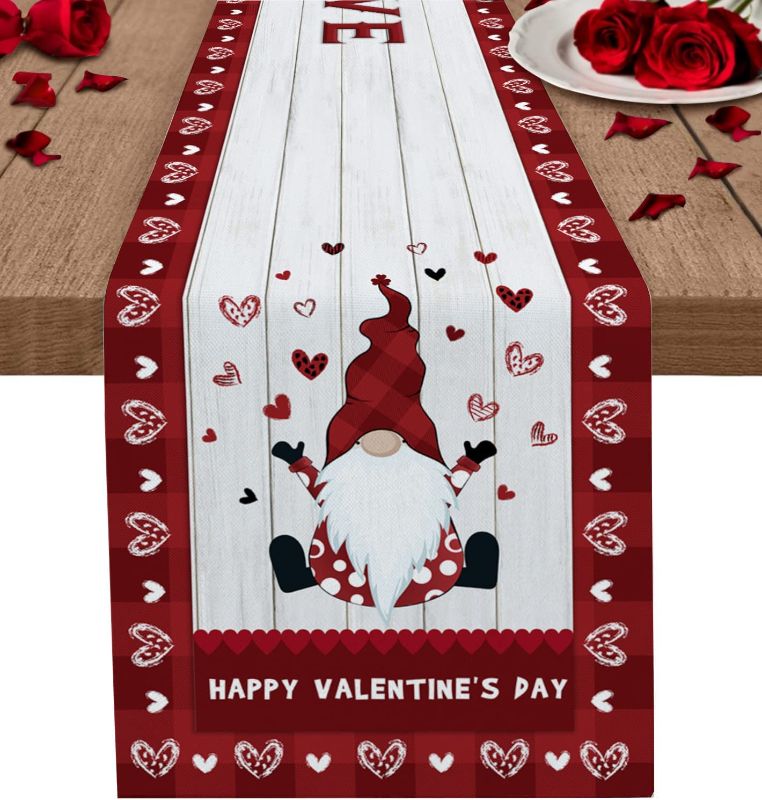 Photo 1 of Cotton Linen Table Runner for All Seasons Happy Valentine's Day Gnomes Pattern Wooden Board Table Setting Decor Red Heart Check Hat for Garden Wedding Parties Dinner Decoration - 