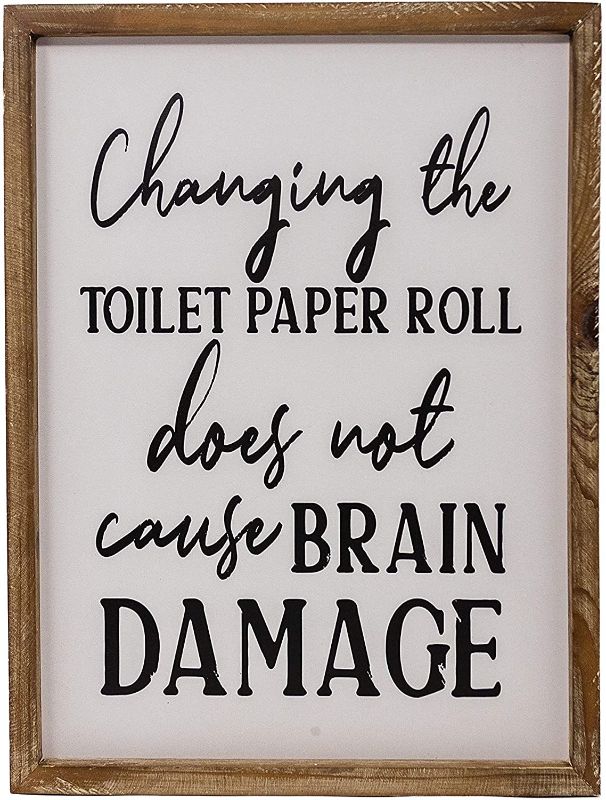 Photo 1 of Cam n Honey Funny Rustic Wooden Bathroom Sign | Changing The Toilet Paper Roll Won’t Cause Brain Damage Farmhouse Home Decor (White) | 12x16 inches | Wood Framed Wall Hanging Quote Sign | Farmhouse Wall Decor Signs for Bathroom