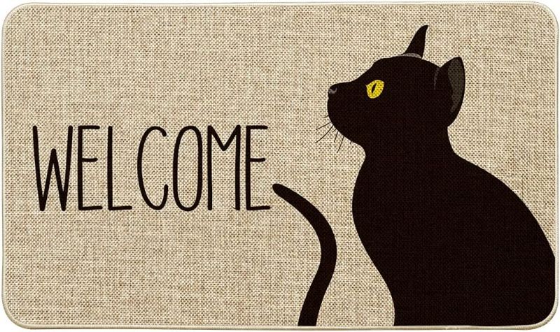 Photo 1 of Artoid Mode Black Cat Welcome Decorative Doormat, Pet Halloween Floor Mat Switch Mat for Indoor Outdoor 17 x 29 Inch