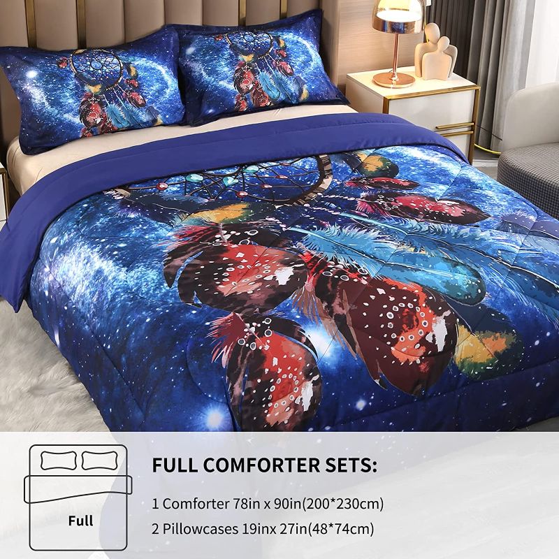 Photo 2 of Blue Galaxy Dreamcatcher Comforter Bedding Sets Full Size, 3 Pieces Galaxy Blue Quilted Bedspread Comforter Sets, Kids Galaxy Comforte