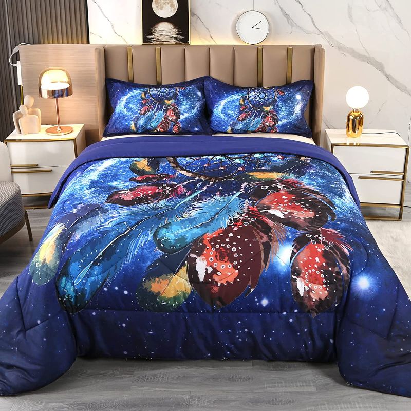 Photo 1 of Blue Galaxy Dreamcatcher Comforter Bedding Sets Full Size, 3 Pieces Galaxy Blue Quilted Bedspread Comforter Sets, Kids Galaxy Comforte