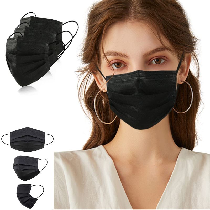 Photo 1 of  Black Disposable Face Masks, 100Pcs Earloop Face Masks 3-Ply Mouth Cover Black Face Mask Breathable Disposable Masks --  3 bags of 100pcs Mask Bags --