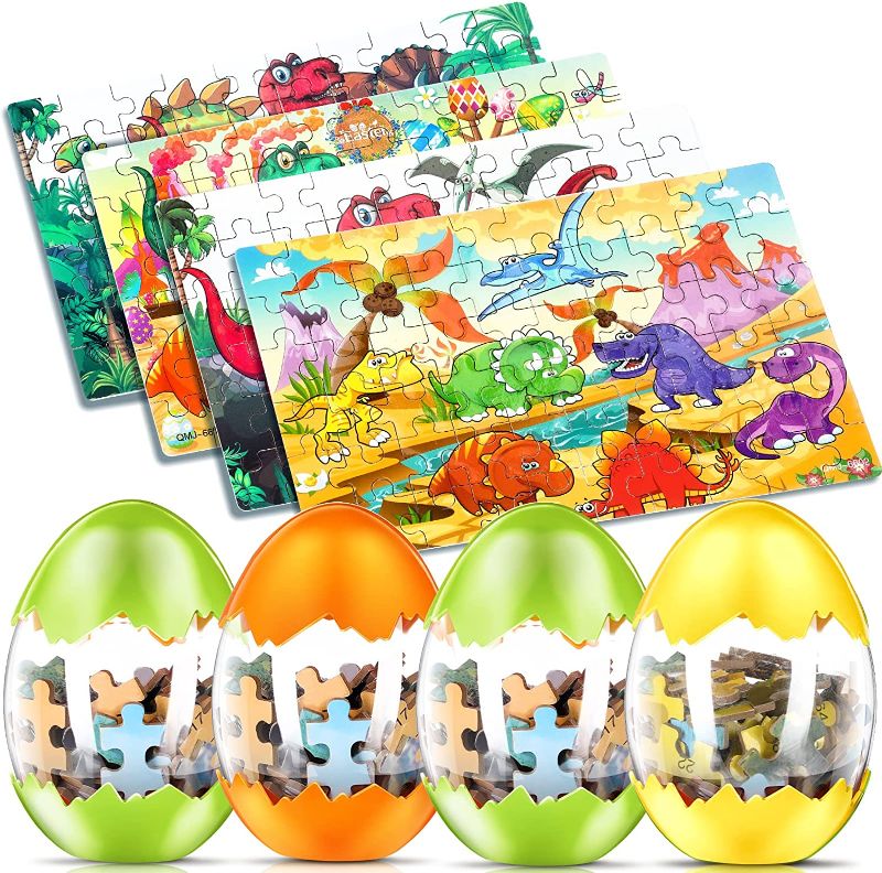 Photo 1 of Dinosaur Jigsaw Puzzles for Little Ones Ages 5-8, 4 Pack 100 Pieces Dinosaur Puzzles with Easter Eggs Dino Toys Easter Basket Stuffers Puzzles Dinosaur Egg Party Favors for 3 4 5 6 7 8 Years
