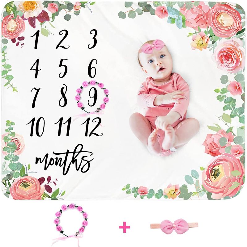 Photo 1 of Baby Monthly Milestone Blanket Girl - Floral Newborn Month Blanket Personalized Shower Gift Soft Plush Fleece Photography Background Photo Prop Large Flower Blanket with Wreath Headband
