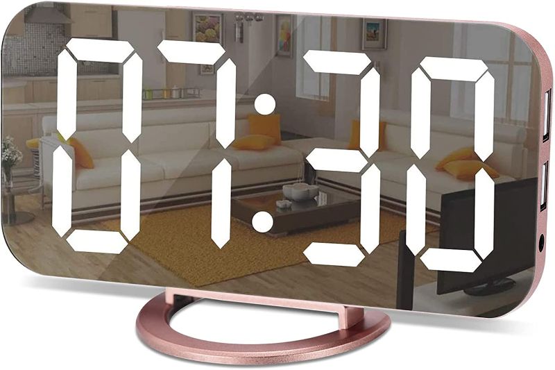 Photo 1 of Alarm Clock for Bedroom,LED and Mirror Digital Clock Large Display,with Dual USB Charger Ports,Auto Dim,Snooze Mode,Modern Desk/Wall Electronic Clock for Girl Woman Mom Teens - Rose Gold
